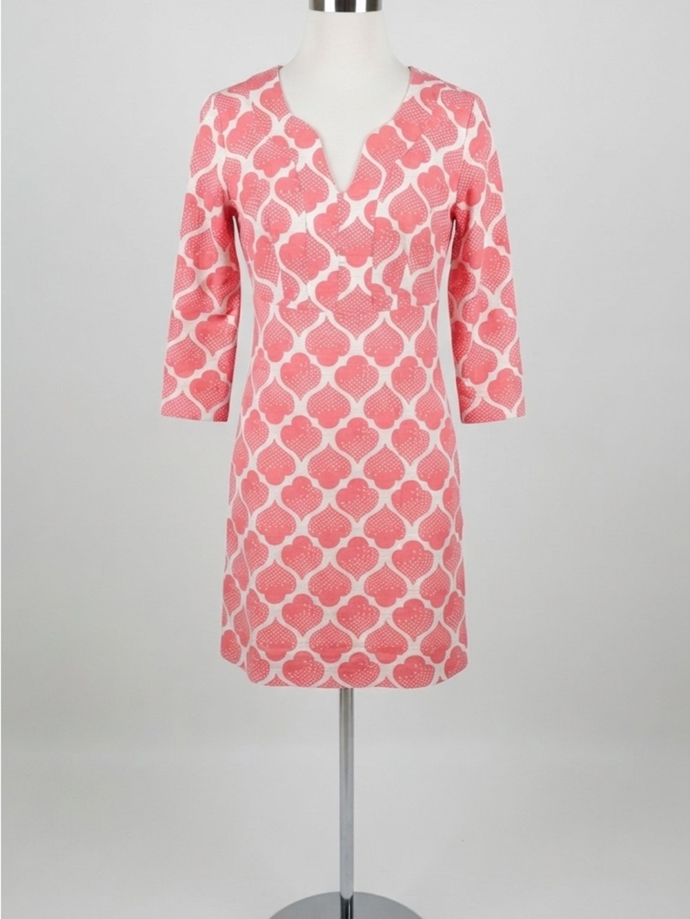 Boden Coral-Pink Patterned V-Neck Long Sleeve Dress